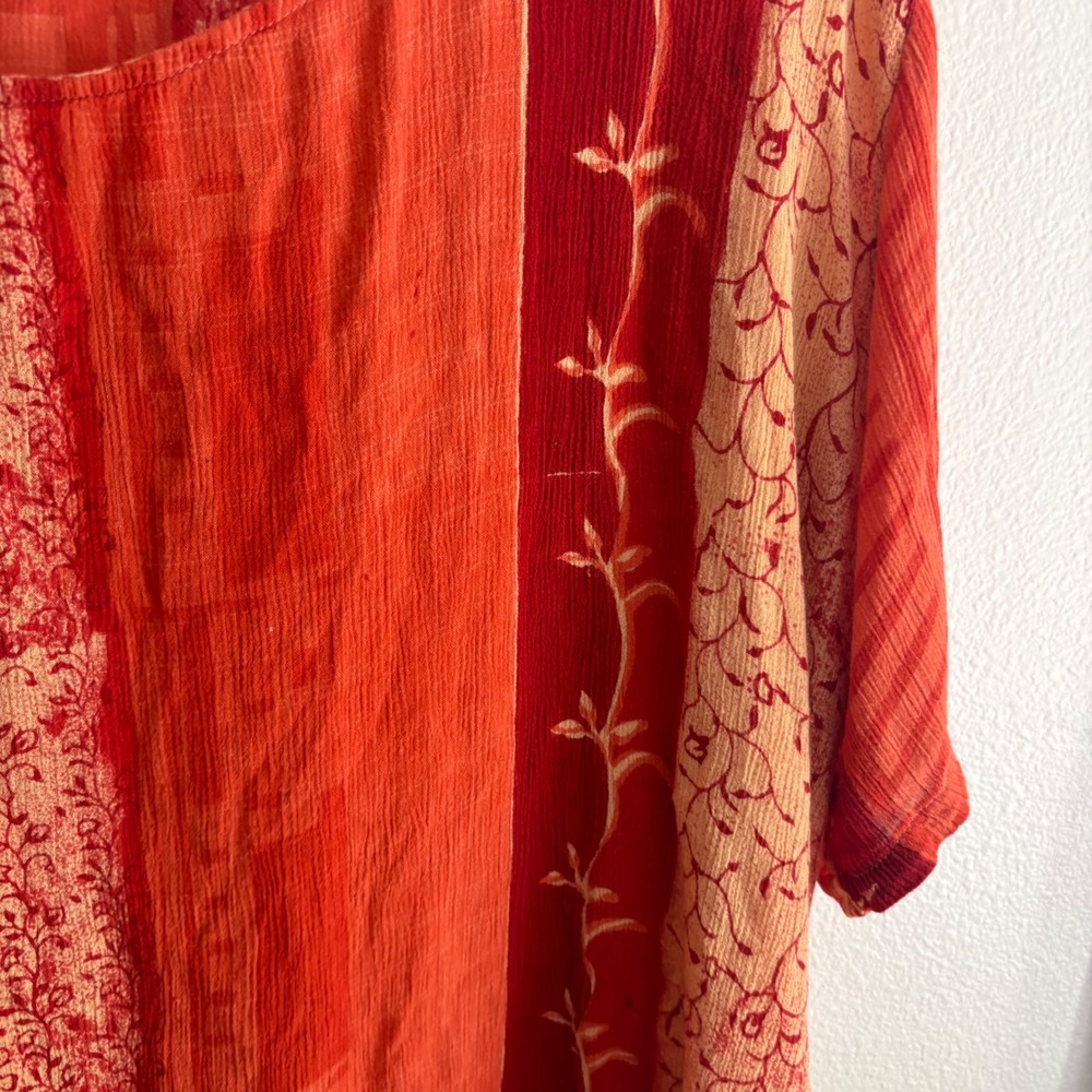 Boho Asymmetrical Sharkbite Tunic Top Orange Red Floral Beaded Tassel One Size - Picture 6 of 9